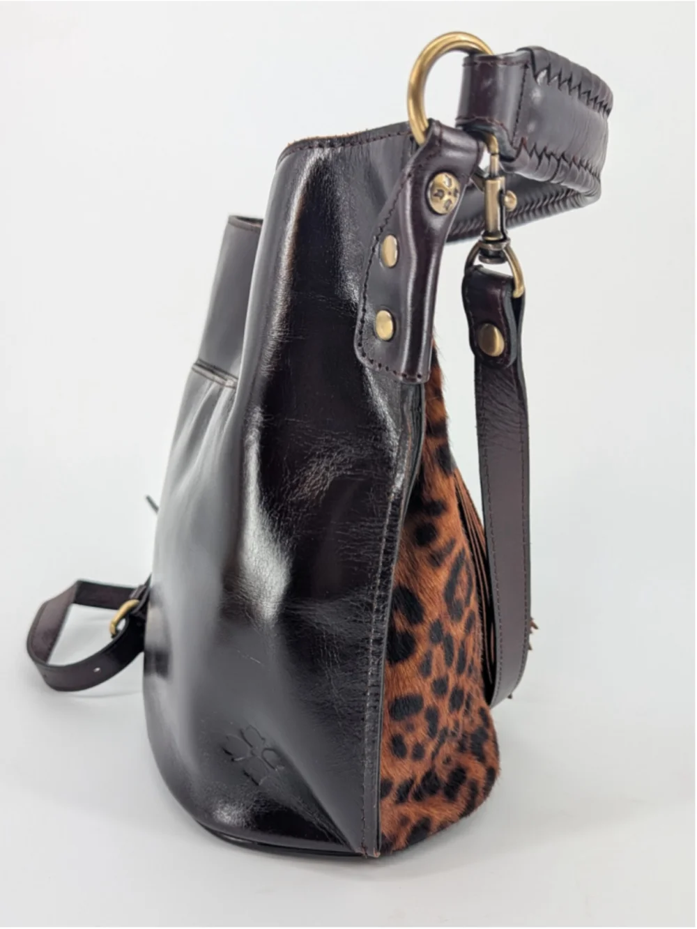 Patricia Nash Torresina Leopard Calf Hair Leather Bucket Bag Crossbody Tassels